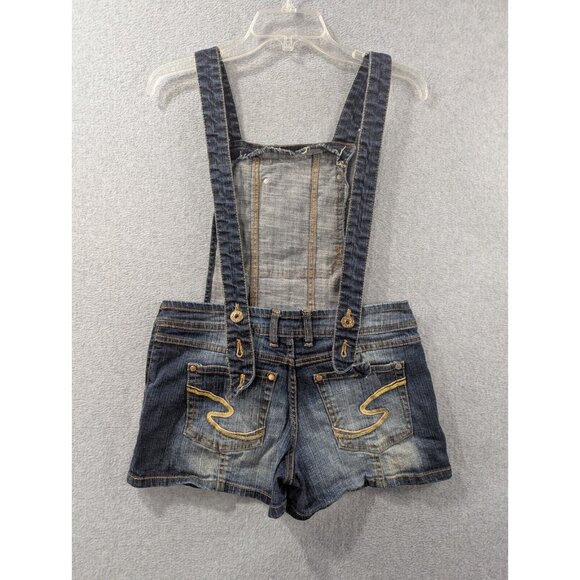 Southpole Bib Overall Shorts Womens Size 9 Denim Embroidered Faded Whiskers - Picture 8 of 12